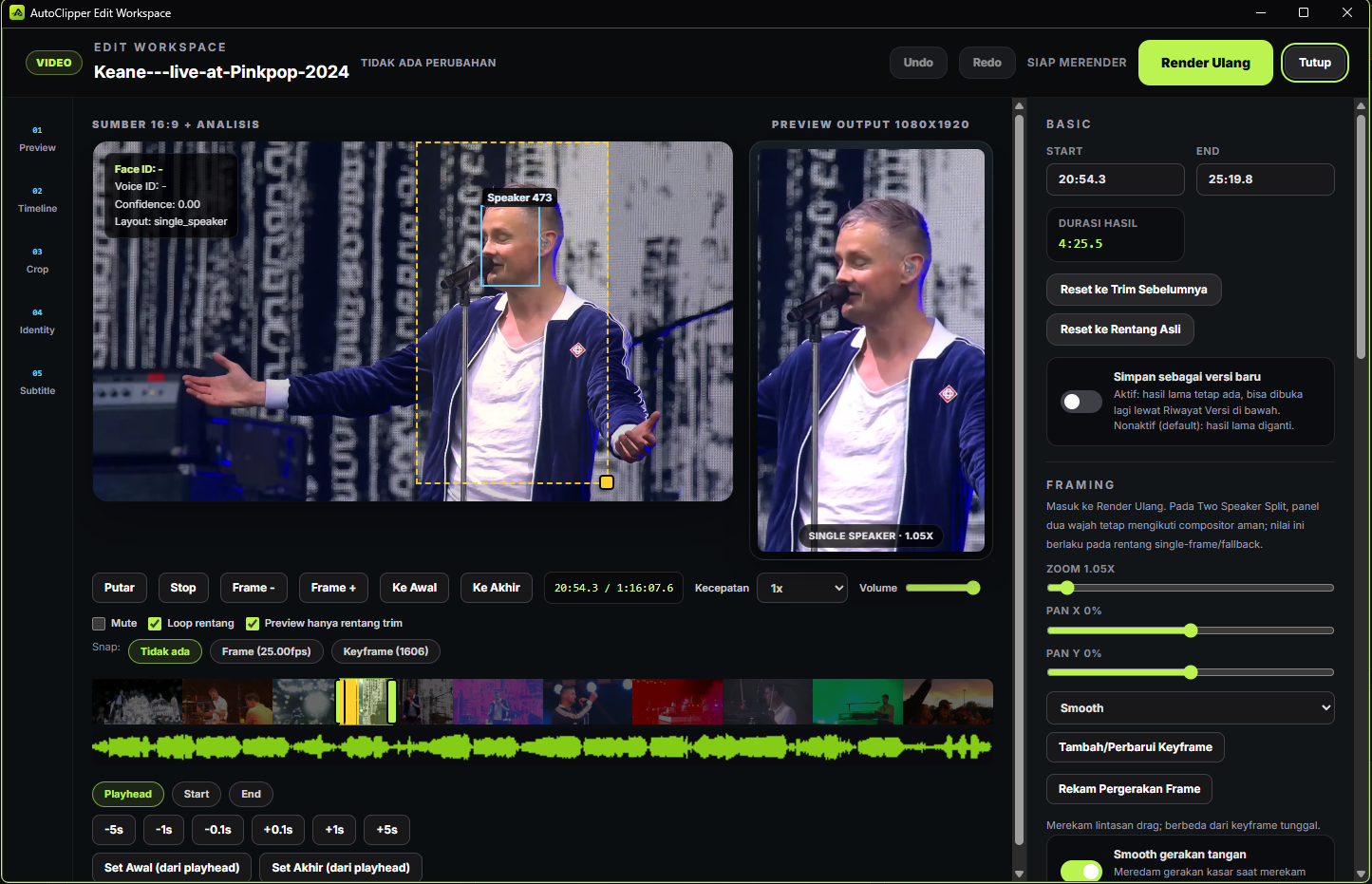 Edit Workspace window showing a concert clip with the 16:9 source and crop guide, the vertical output preview, trim controls, and framing settings.