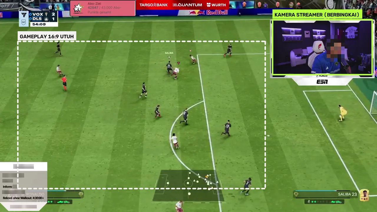 Analisis siaran Twitch EA FC: kamera streamer berbingkai dan area gameplay